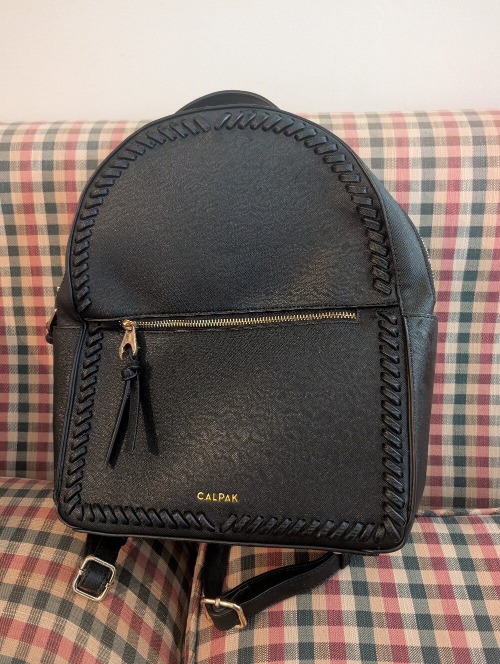 Calpak Black Faux-Leather Backpack with Woven Trim